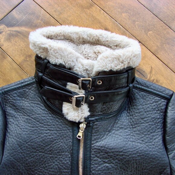 Zara Black Faux Leather Shearling Jacket Aviator Biker Moto Bomber Size Small - Picture 7 of 15